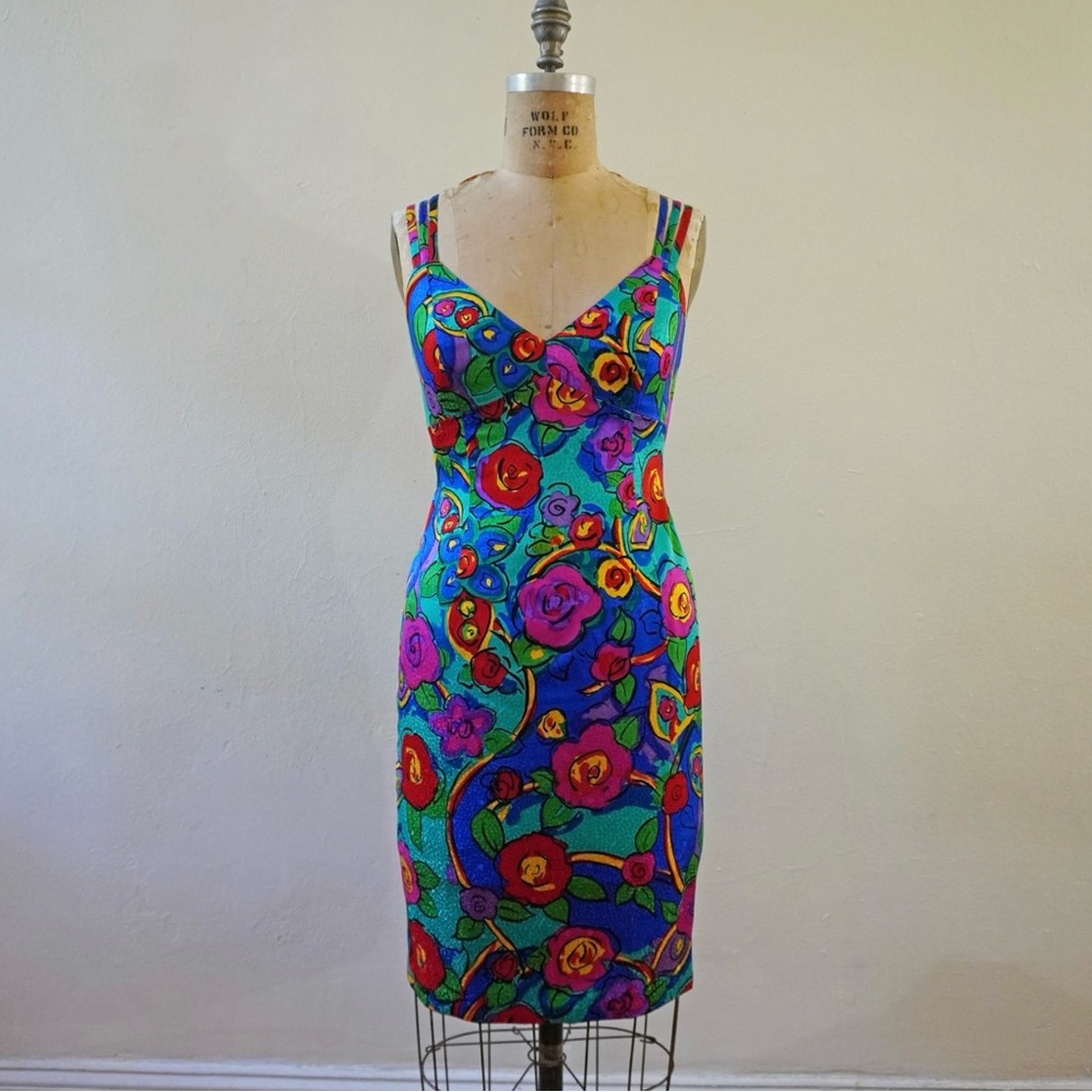 Vintage 90s A.J. Bari Floral Silk Dress